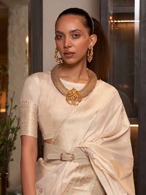 Beige Woven Georgette Event Wear Saree With Blouse For Women  2