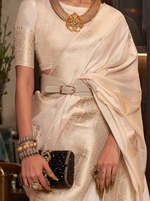 Beige Woven Georgette Event Wear Saree With Blouse For Women  3