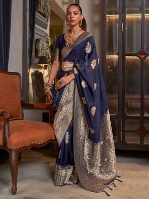 Navy-Blue Woven Georgette Event Wear Saree With Blouse For Women  1