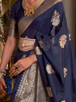 Navy-Blue Woven Georgette Event Wear Saree With Blouse For Women  3