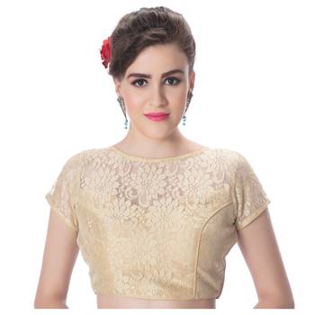 Womens Designer High Neck Black  Full Net Padded Princess Cut Short Sleeves Readymade Saree Blouse 1