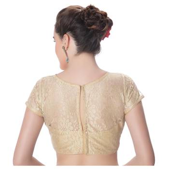 Womens Designer High Neck Black  Full Net Padded Princess Cut Short Sleeves Readymade Saree Blouse 3