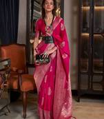 Rani-Pink Woven Georgette Event Wear Saree With Blouse For Women