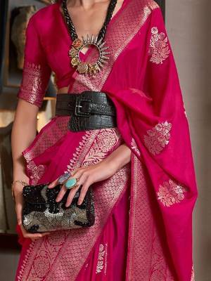 Rani-Pink Woven Georgette Event Wear Saree With Blouse For Women  3
