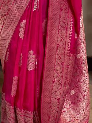 Rani-Pink Woven Georgette Event Wear Saree With Blouse For Women  5