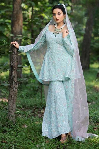 Ethnovog ready to wear sky blue embroidered georgette gharara suit