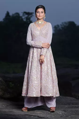 Ethnovog ready to wear mauve embroidered georgette anarkali suit
