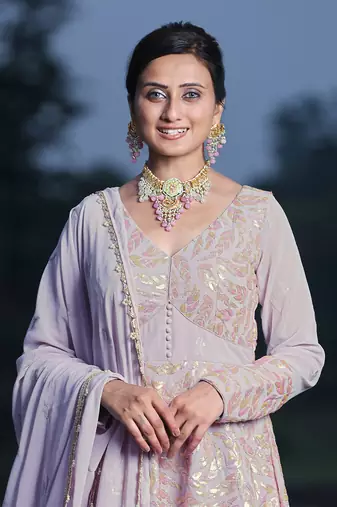 Ethnovog ready to wear mauve embroidered georgette anarkali suit
