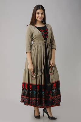 Black & metallic brown adda handwork,beads work and cut-pipe work upper cotton and inner rayon anarkali kurta 1