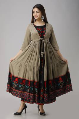 Black & metallic brown adda handwork,beads work and cut-pipe work upper cotton and inner rayon anarkali kurta 3