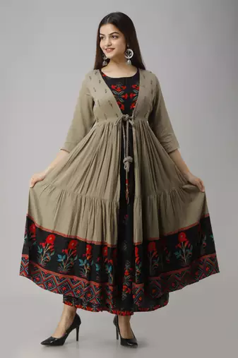 Black & metallic brown adda handwork,beads work and cut-pipe work upper cotton and inner rayon anarkali kurta