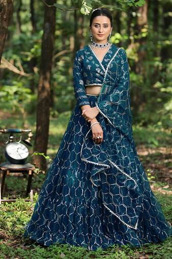 Ethnovog Ready To Wear Blue Embroidered Tiered Lehenga Set