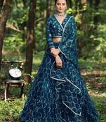 Ethnovog Ready To Wear Blue Embroidered Tiered Lehenga Set