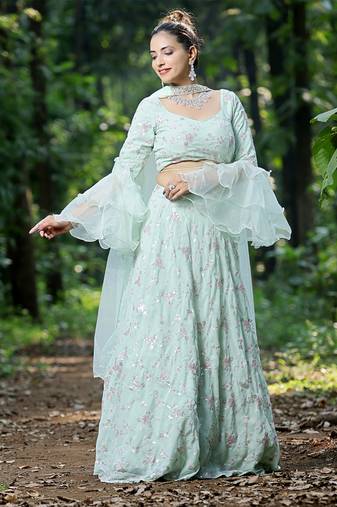 Ethnovog Ready To Wear Green Embroidered Georgette Lehenga Set