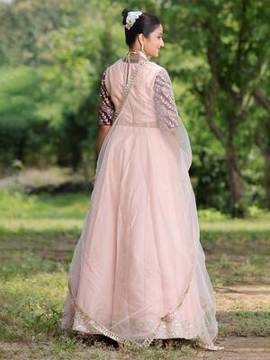 Ethnovog Ready To Wear Peach N Wine Art Silk Kali Lehenga Set 2