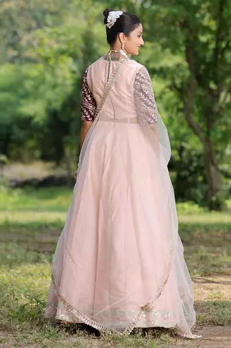 Ethnovog Ready To Wear Peach N Wine Art Silk Kali Lehenga Set