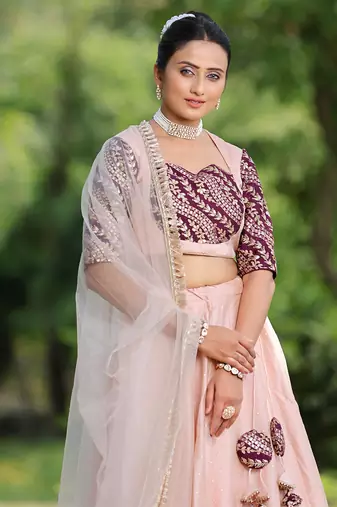 Ethnovog Ready To Wear Peach N Wine Art Silk Kali Lehenga Set
