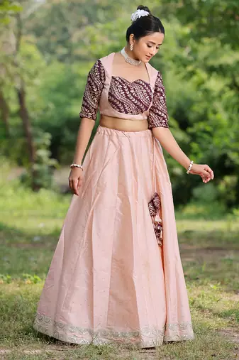 Ethnovog Ready To Wear Peach N Wine Art Silk Kali Lehenga Set