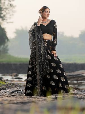 Ethnovog Ready To Wear Black Embroidered Lehenga With Organza Dupatta 1