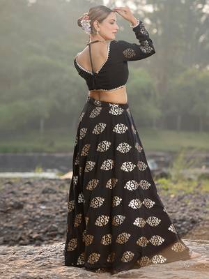 Ethnovog Ready To Wear Black Embroidered Lehenga With Organza Dupatta 2