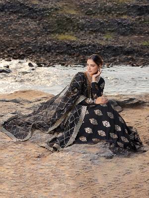 Ethnovog Ready To Wear Black Embroidered Lehenga With Organza Dupatta 3