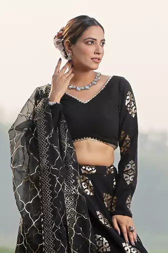Ethnovog Ready To Wear Black Embroidered Lehenga With Organza Dupatta