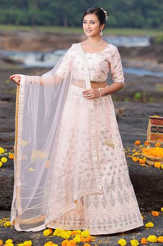 Ethnovog Ready To Wear  Pink Art Silk Embroidered Kali Style Lehenga Set