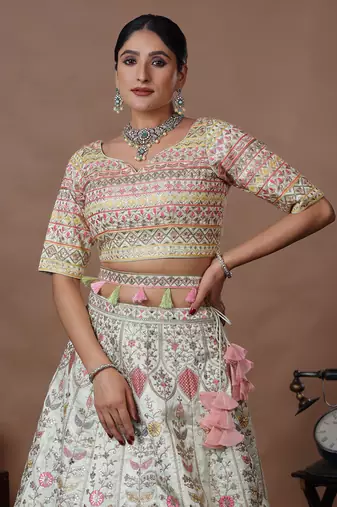 Ethnovog Ready To Wear Light Pista Dupion Silk Embroidered Kali Lehenga