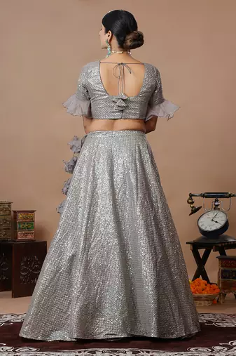 Ethnovog Ready To Wear Grey Sequins Embroidered Organza Lehenga Set