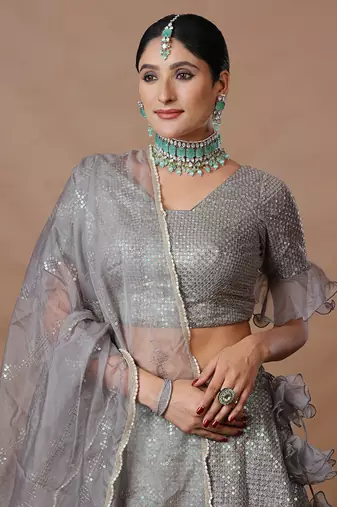 Ethnovog Ready To Wear Grey Sequins Embroidered Organza Lehenga Set