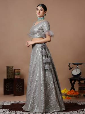 Ethnovog Ready To Wear Grey Sequins Embroidered Organza Lehenga Set 4