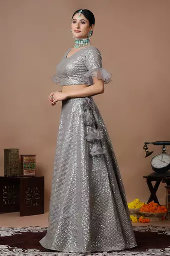 Ethnovog Ready To Wear Grey Sequins Embroidered Organza Lehenga Set