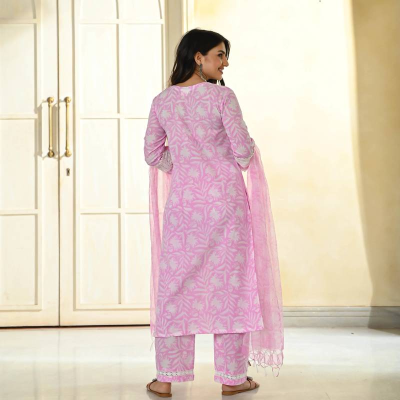 Pink Cotton Silk Floral Printed Fabric Lace border Work Straight Kurta, Pant and Dupatta Set