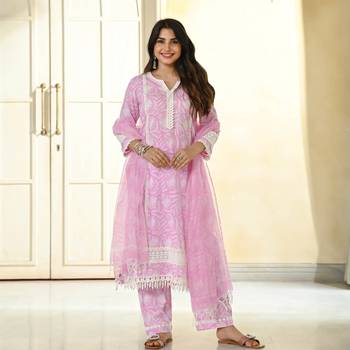 Pink Cotton Silk Floral Printed Fabric Lace border Work Straight Kurta, Pant and Dupatta Set 5