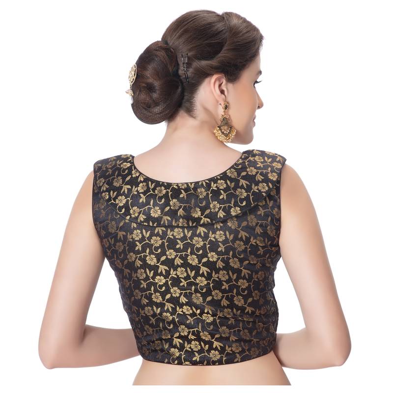 Black Brocade Designer Petar Pan Collar Neck Padded Sleeveless Front Full Zipper Readymade Saree Blouse