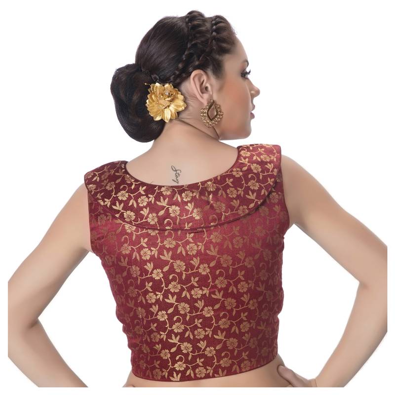 Coffee Maroon Brocade Designer Petar Pan Collar Neck Padded Sleeveless Front Full Zipper Readymade Saree Blouse