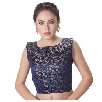 Navy Blue  Brocade Designer Petar Pan Collar Neck Padded Sleeveless Front Full Zipper Readymade Saree Blouse 1