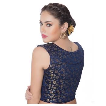 Navy Blue  Brocade Designer Petar Pan Collar Neck Padded Sleeveless Front Full Zipper Readymade Saree Blouse 3