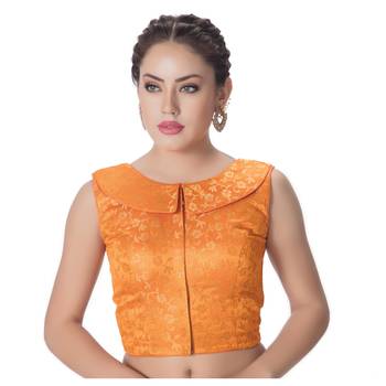 Orange  Brocade Designer Petar Pan Collar Neck Padded Sleeveless Front Full Zipper Readymade Saree Blouse 1