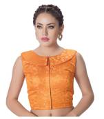 Orange  Brocade Designer Petar Pan Collar Neck Padded Sleeveless Front Full Zipper Readymade Saree Blouse