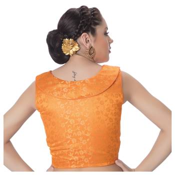 Orange  Brocade Designer Petar Pan Collar Neck Padded Sleeveless Front Full Zipper Readymade Saree Blouse 3