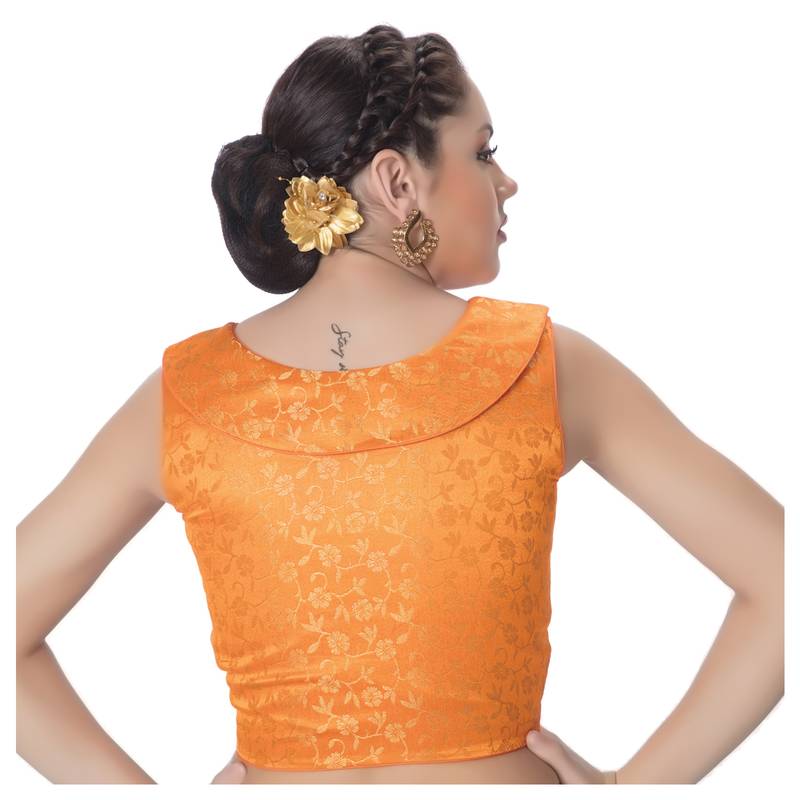 Orange  Brocade Designer Petar Pan Collar Neck Padded Sleeveless Front Full Zipper Readymade Saree Blouse