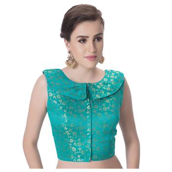 Rama Green Brocade Designer Petar Pan Collar Neck Padded Sleeveless Front Full Zipper Readymade Saree Blouse 1