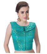 Rama Green Brocade Designer Petar Pan Collar Neck Padded Sleeveless Front Full Zipper Readymade Saree Blouse