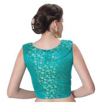 Rama Green Brocade Designer Petar Pan Collar Neck Padded Sleeveless Front Full Zipper Readymade Saree Blouse 3