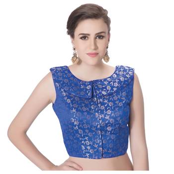 Royal Blue Brocade Designer Petar Pan Collar Neck Padded Sleeveless Front Full Zipper Readymade Saree Blouse 1