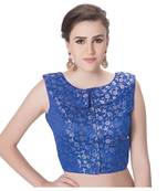 Royal Blue Brocade Designer Petar Pan Collar Neck Padded Sleeveless Front Full Zipper Readymade Saree Blouse