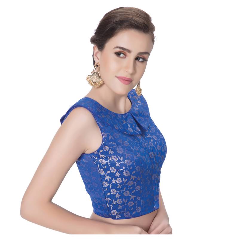 Royal Blue Brocade Designer Petar Pan Collar Neck Padded Sleeveless Front Full Zipper Readymade Saree Blouse
