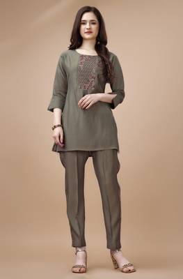  taupe viscose blend floral embroidered festive & party co-ord set 1