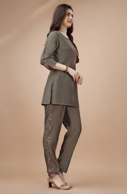  taupe viscose blend floral embroidered festive & party co-ord set 2